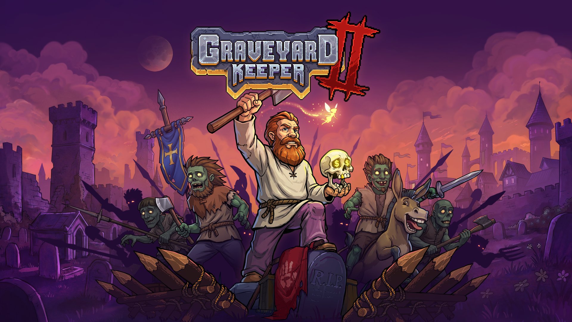 Graveyard Keeper 2 artwork featuring the Keeper, zombies and a donkey against a purple sunset