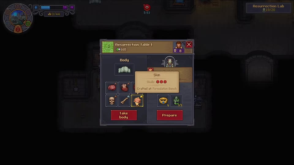 Resurrection Table staging UI with corpse, reagent slots, and Prepare action