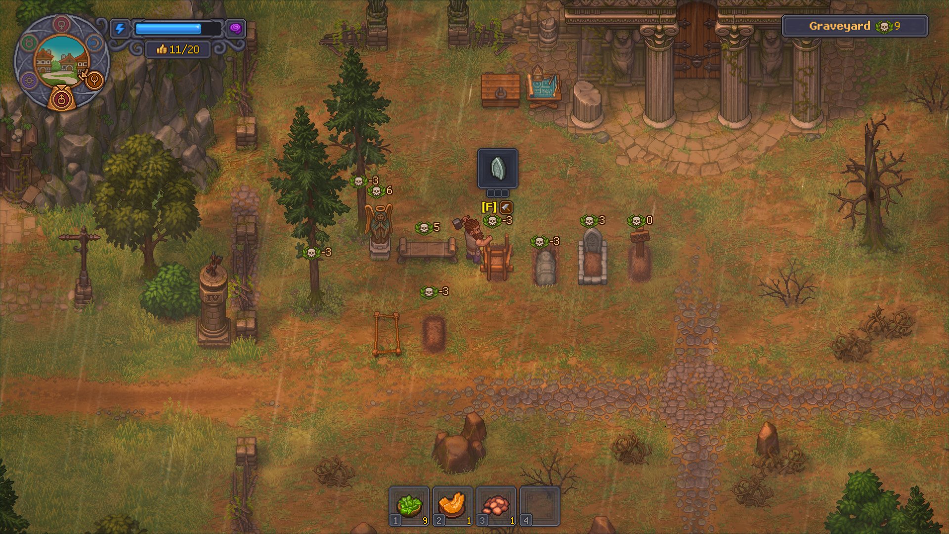 In-game cemetery view showing Graveyard rating indicator in the HUD